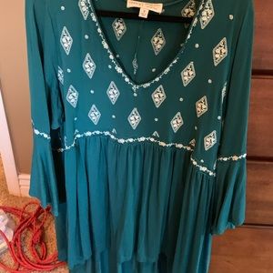 Teal embroidered shirt with bell sleeves